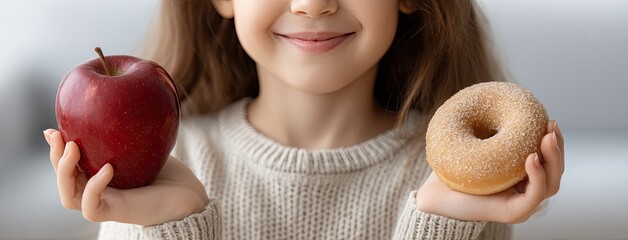 Child joyfully holds an apple in one hand and a doughnut in the other, promoting healthy eating habits in a cozy kitchen setting