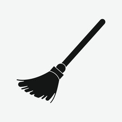 Minimal black silhouette of a broom in profile view. Clean, detailed vector with textured bristles and reinforced brush head. Perfect for icons, prints, or cleaning-themed designs.