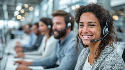 Smiling woman working in a modern call center with background team collaboration, perfect for illustrating tech support, teamwork, customer service, and digital communication.
