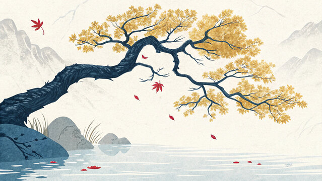 Stylized japanese maple tree with golden leaves and falling red leaves over water - Powered by Adobe