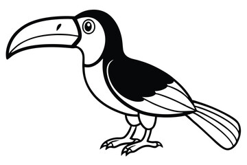 Black and White Illustration of a Toucan with Large Beak, Standing Profile View
