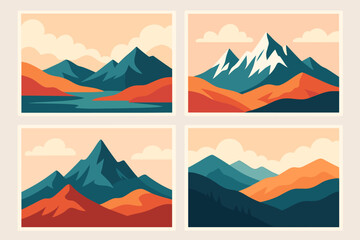 Set of modern mountain landscape posters. Abstract vector nature scenes for banners or backgrounds. Flat design illustration collection for travel, adventure and outdoor tourism.