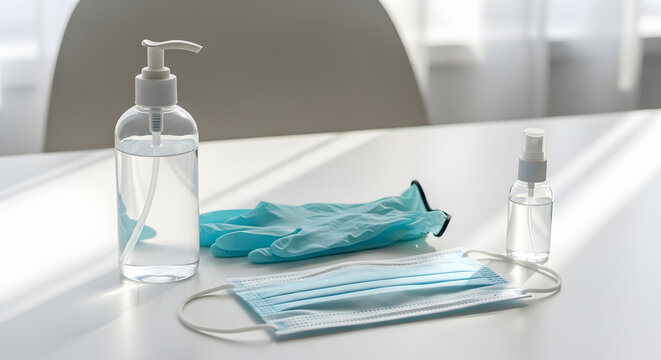 Close-up of protective medical equipment, including a mask, gloves, and hand sanitizers on a white surface.