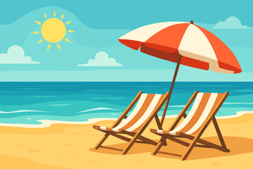 Summer beach vacation scene with sun loungers and striped umbrella on sandy coast, sunny sky, calm sea, relaxing holiday, tropical travel, modern flat vector cartoon illustration