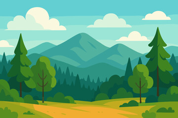 Summer mountain landscape with forest path and green hills. Modern flat vector cartoon illustration. Nature scenery for outdoor adventure, hiking, tourism, travel background.