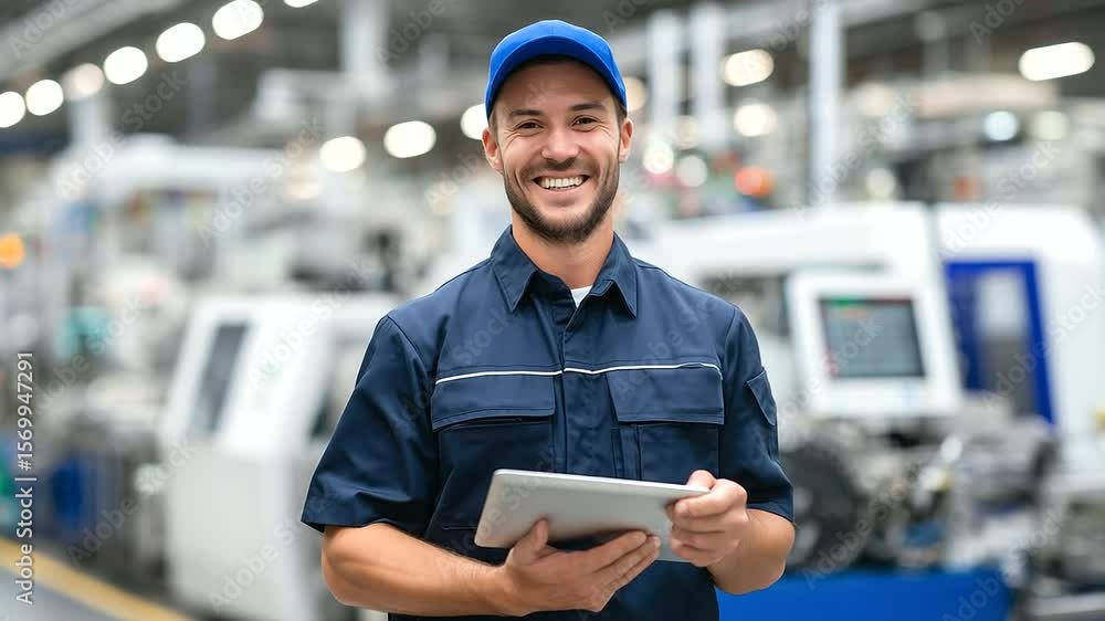 Poster engineer in mechanic’s overalls with tablet tucked under arm, standing beside computer-controlled ma