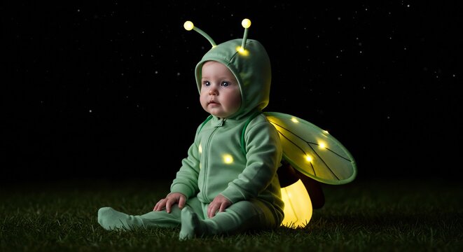 B�b� adorable luisant nuit magique tenue verte scintillante. AI Generated