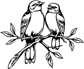 Fototapeta premium bird on tree branch, black and white vector for sticker decal, tattoo art