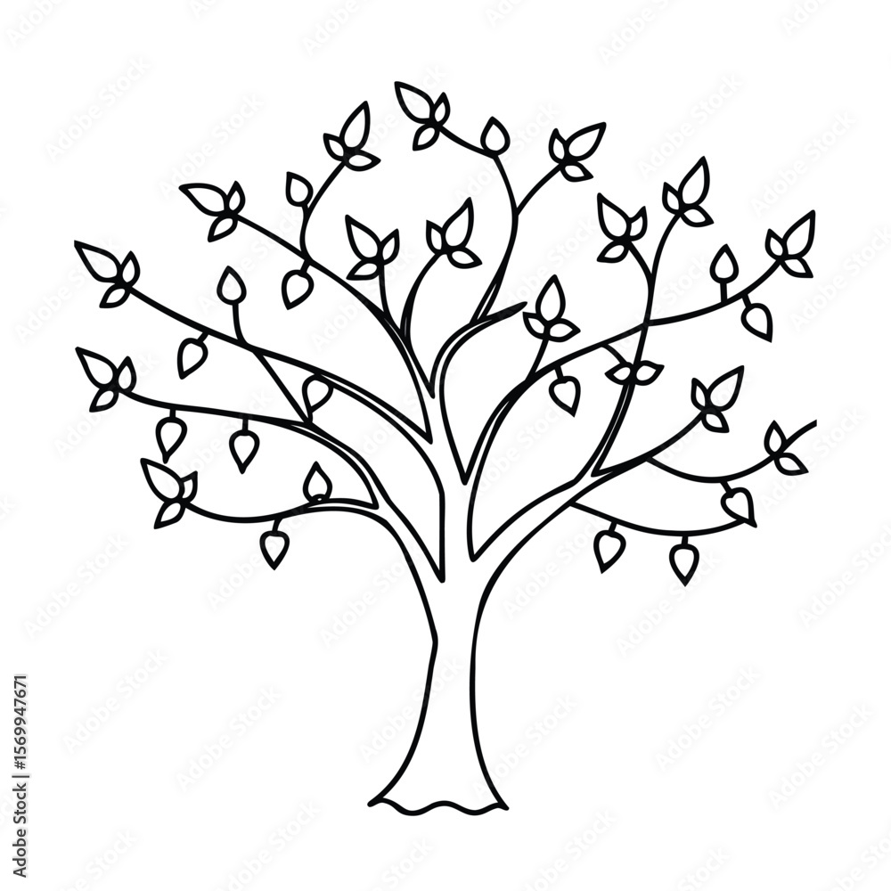 Poster outline tree with leaves on simple nature art branch branches