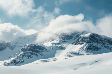 Stunning winter landscape showcasing snow covered mountain peaks and clouds creating a breathtaking scene