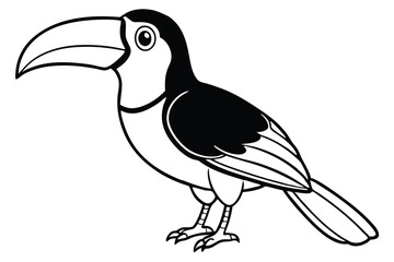 Black and white illustration of a cartoon toucan bird standing profile view
