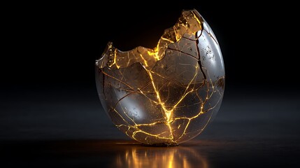 Close up shot of a broken eggshell with golden cracks on a dark reflective surface