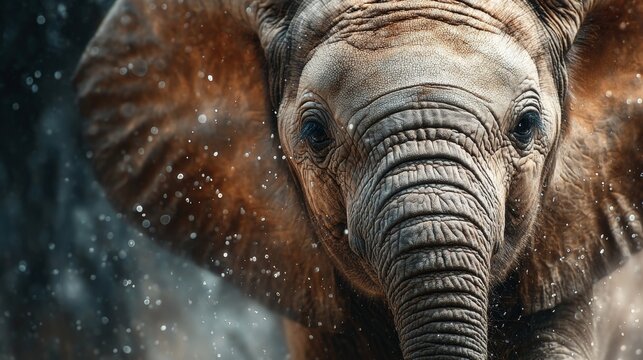 Peque&ntilde;o elefante, africano, corriendo hacia la c&aacute;mara, salpicando agua de un peque&ntilde;o charco.