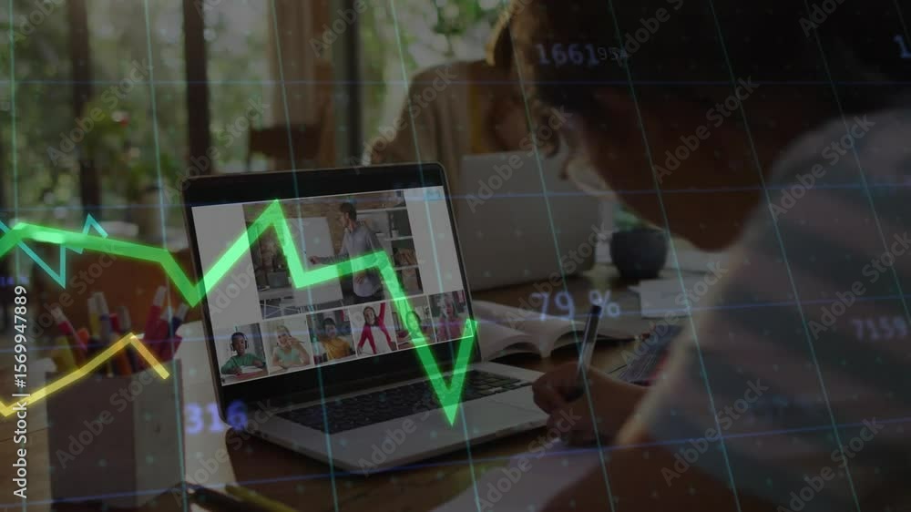 Poster laptop starting online lesson animating data chart shifting while child writing notes for learning