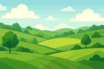 Obraz premium Summer landscape with green rolling hills, meadows, and farm fields. Rural countryside scenery with trees under a blue sky. Modern flat cartoon vector illustration background.