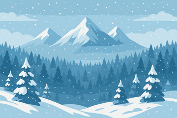 Naklejka premium Winter mountain landscape with snowy forest of pine trees and falling snow. Christmas holiday background. Beautiful nature scenery with firs. Cold weather view. Vector illustration.