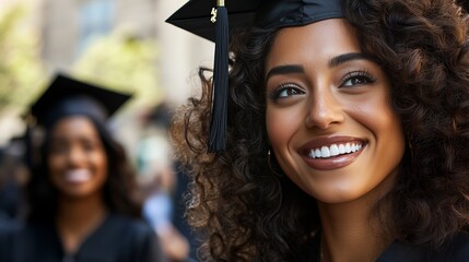 Recent college graduates celebrate their achievement in caps and gowns outdoors during a sunny ceremony