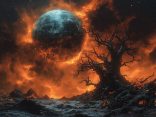 Dark Sci-Fi World with Orange Nebula  Dead Planet and Burning Tree