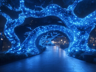 Magical Blue Glowing Tree Tunnel with Fairy Lights over Stone Path at Night