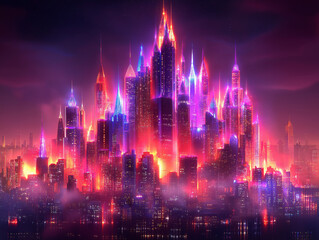 Cyberpunk Metropolis with Pink and Purple Neon Buildings and Colorful Skyscrapers