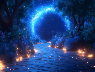 Glowing Blue Portal in Enchanted Forest at Night with Magical Stone Path