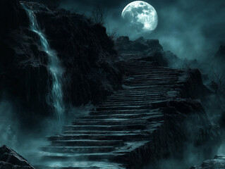 Dark Fantasy Staircase to the Moon with Waterfalls and Swirling Mist