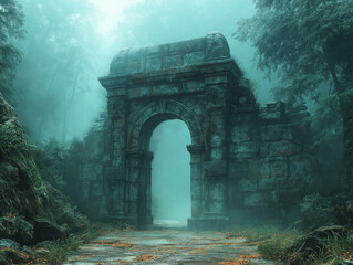 Mysterious Ancient Stone Archway in Misty Enchanted Forest