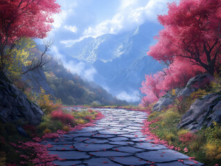 Winding Cobblestone Path Through Cherry Blossoms and Mountain Landscape