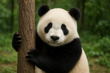 Fototapeta premium Cute panda cub hugging a tree in a forest