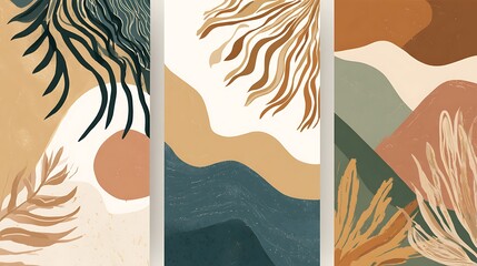 Three abstract paintings featuring nature elements in earth tones and minimalist compositions style