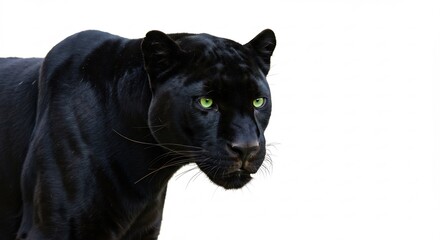 Panthere noire yeux emeraudes fond blanc regard intense lumiere douce. AI Generated