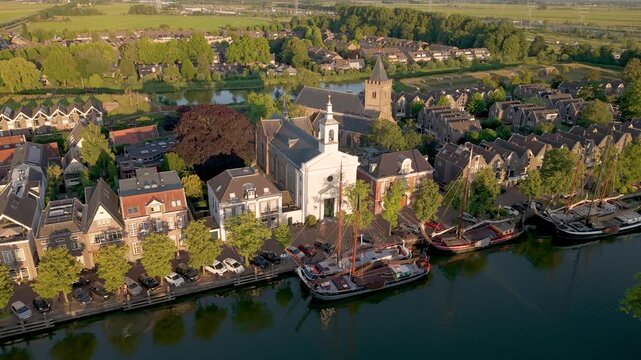 Aerial View of the River Vecht and Historic City Center of Muiden, North Holland, Netherlands