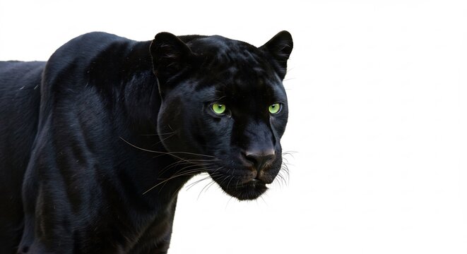 Panthere noire yeux emeraudes fond blanc regard intense lumiere douce. AI Generated