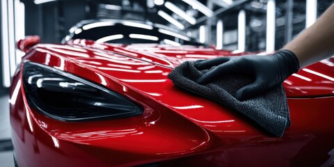 The shining red car being meticulously cleaned in a modern workshop.