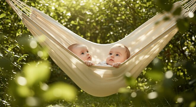 B�b�s jumeaux souriants berc�s doucement hamac soleil jardin. AI Generated