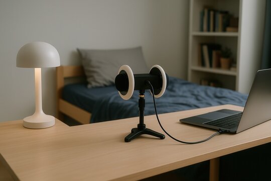 Binaural microphone and laptop setup for ASMR recording in teenager bedroom