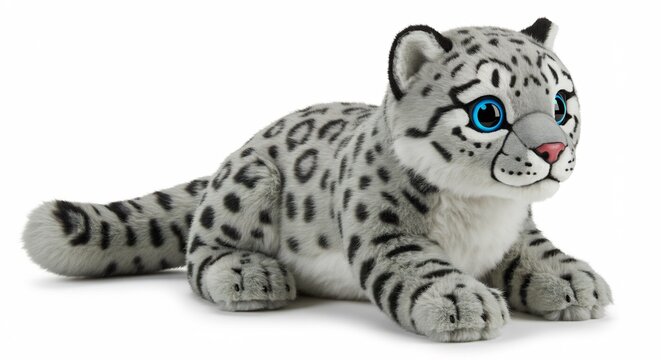 Adorable plush snow leopard cub rests softly illuminated by gentle light. AI Generated