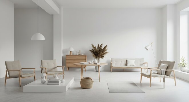 Modernes helles Wohnzimmer strahlt Ruhe aus sanftem Licht. AI Generated