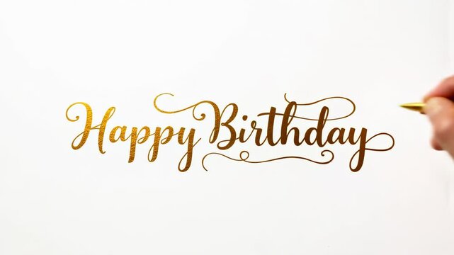 A hand draws elegant gold script spelling out 'Happy Birthday' on a clean, bright white background for a celebratory design.