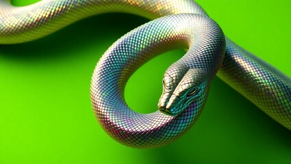 Obraz premium Iridescent snake coiled on a bright green background with scales reflecting light and color