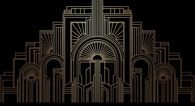 Luxurious Art Deco Geometric Pattern in Gold and Black - Abstract 1920s Gatsby Style Background with Symmetrical Lines and Sunburst Motifs.