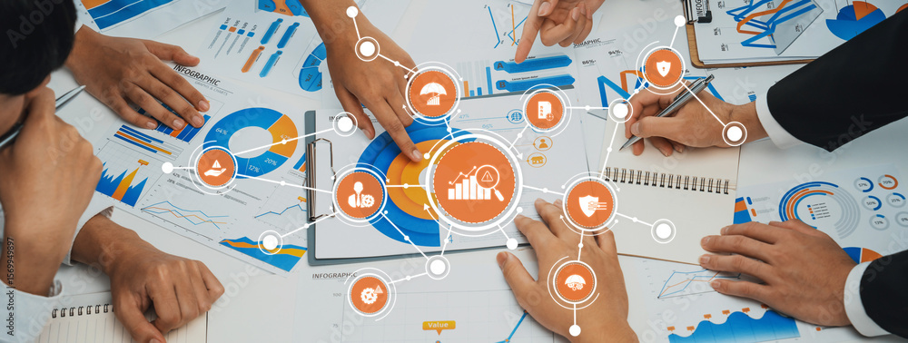 Poster collaborative management session with data visualization and graphs for effective business strategy 