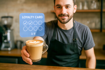 Smiling Barista Holding Loyalty Card with Coffee Cup