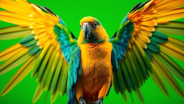 A vibrant macaw parrot with wings spread wide against a bright green screen backdrop looking forward