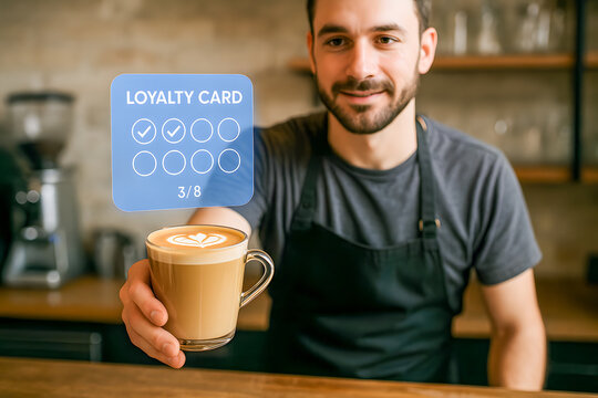 Smiling Barista Holding Loyalty Card with Coffee Cup