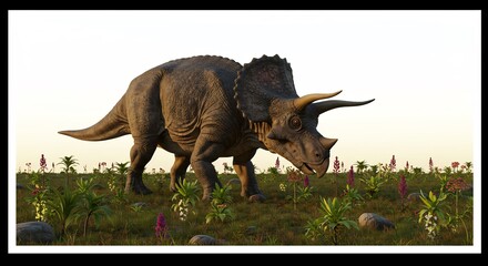 Fototapeta premium Triceratops paisible broutant aube douce paysage prehistorique. AI Generated