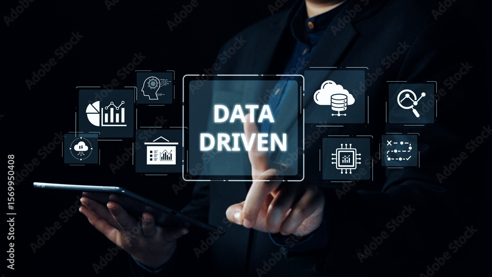 Poster data-driven decision-making empowers business through analytics, datum collection, and ai systems. d