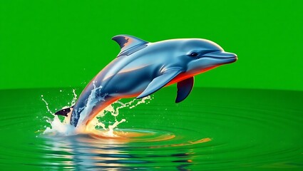 A dolphin leaps from green water with a green background in a vibrant and dynamic composition