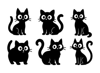Set of cute cartoon cats. Vector black silhouette isolated on background.