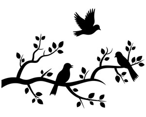 Silhouette of birds on branches with leaves design